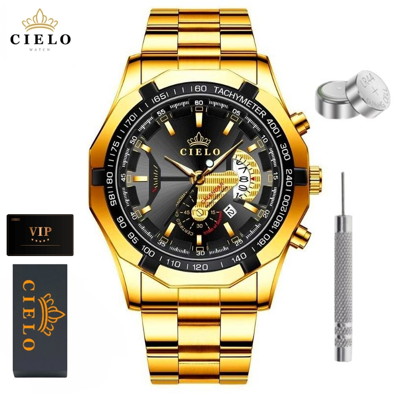 CIELO S001 Jam Tangan Pria Anti Air Original Luxury Stainless Steel COD Free BOX+Kartu-Cielo-Gold+Black