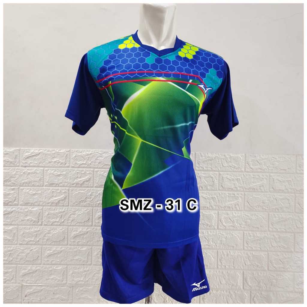 Baju dan Celana Bola Voli Depan Printing Motif Garis Arsir Blakang Drifit Polos Biru
