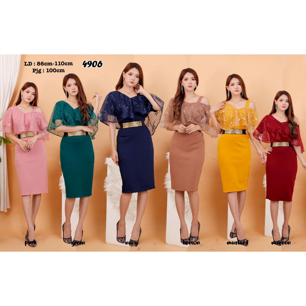 3G style fashion, # 4906 , DRES ROK SPAN BAHAN SCUBA KOMBINASI TILE BORDIR MUTIARA FREE BELT Dress  