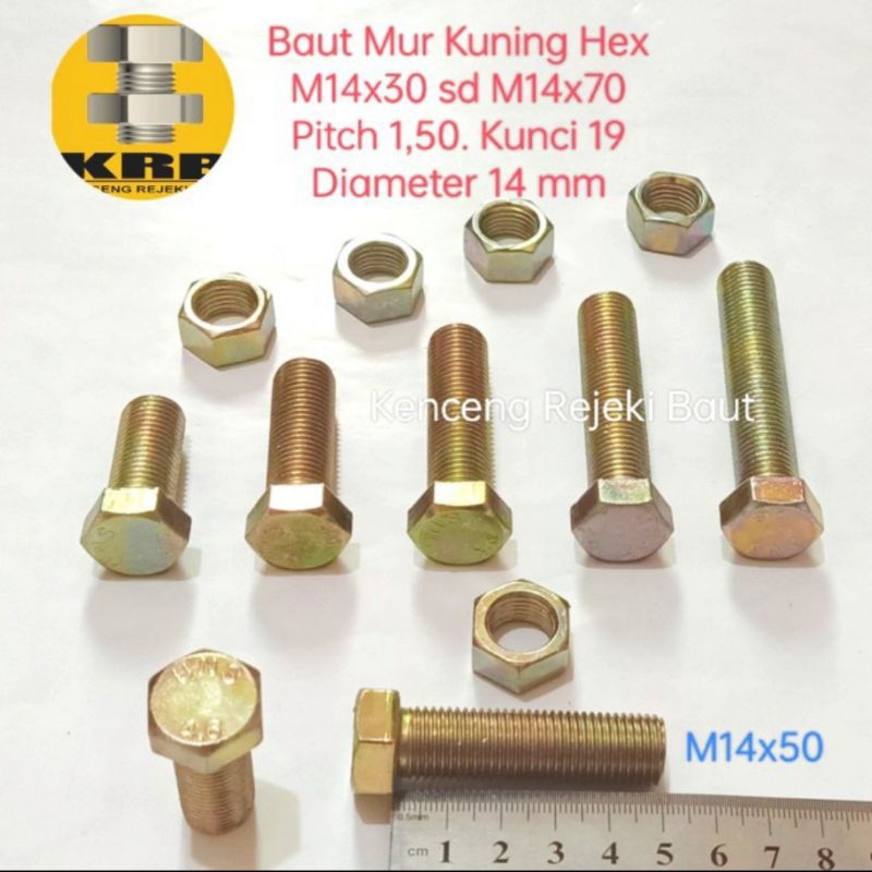 Baut Mur Kuning Hex M14x30, M14x40, M14x50, M14x60, M14x70. Kunci 19. Pitch 1,50