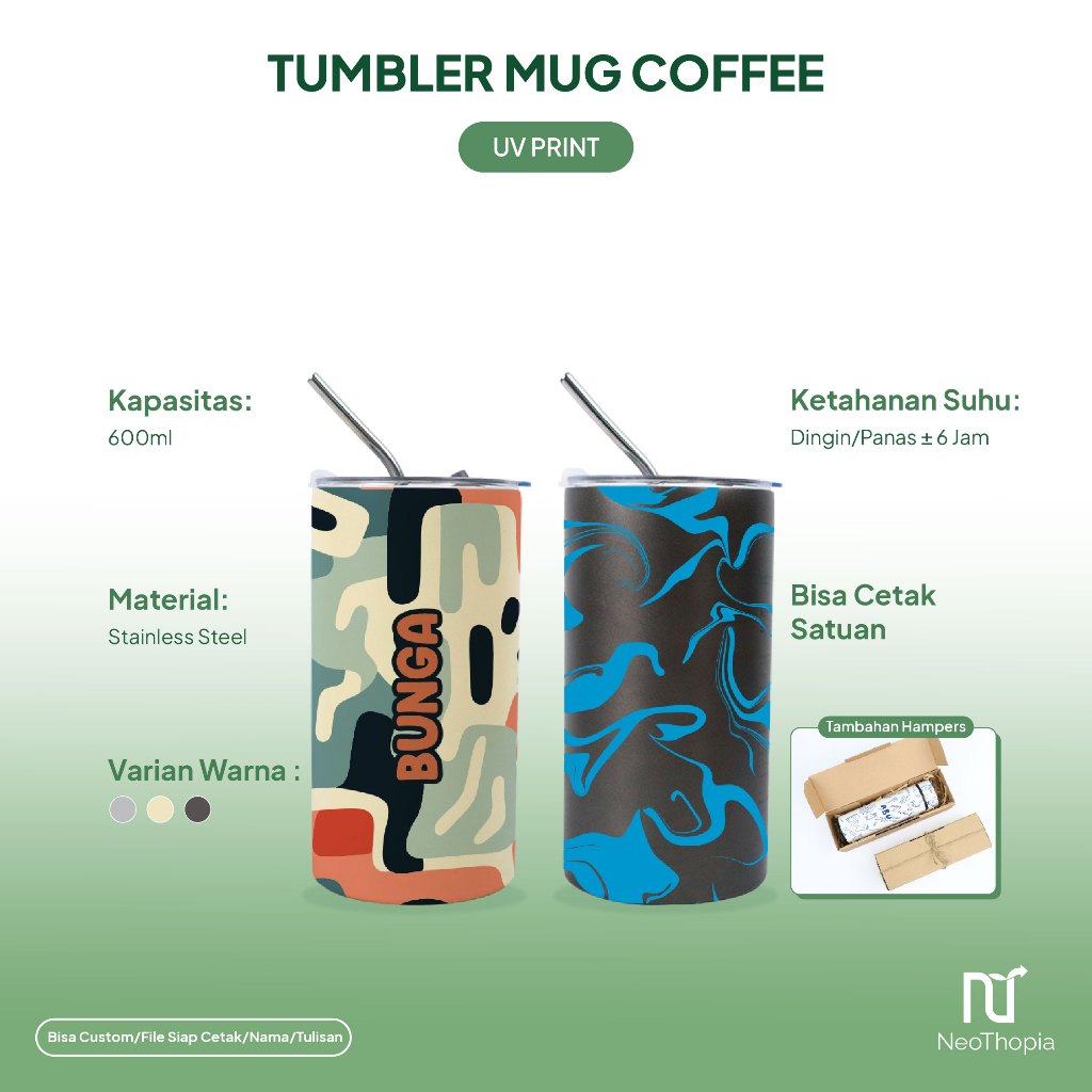 Custom Tumbler Mug Kopi FS  600ml Cetak Uv Print Nama Logo Free Sedotan Souvenir