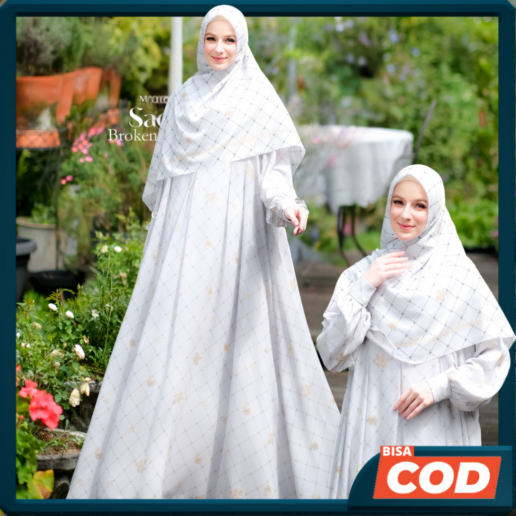 Set Gamis Dress Ceruty Babydoll Printing Premium Syari Warna Putih Broken White Mewah Masya Syari Or