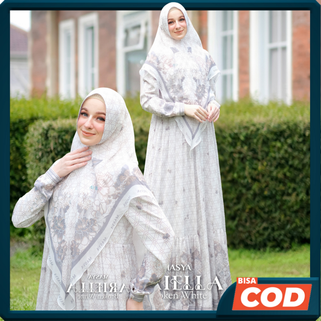 Set Gamis Dress Ceruty Babydoll Printing Premium Syari Warna Putih Broken White Mewah Masya Syari Or
