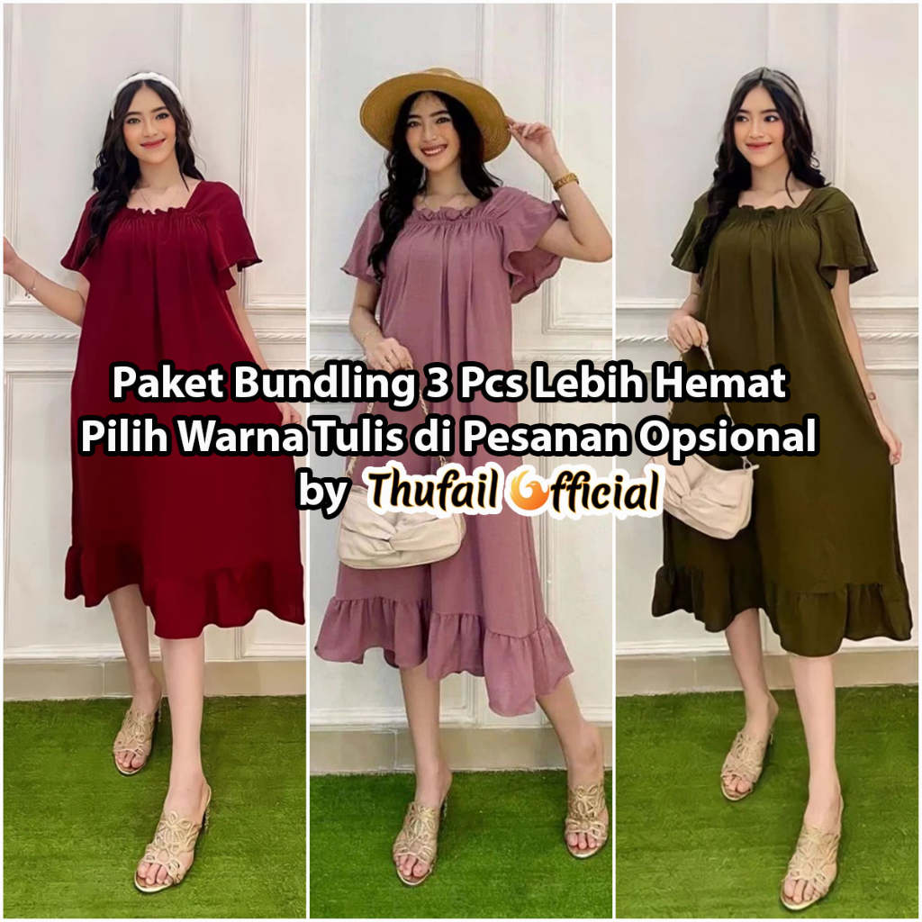 Paket 3 Pcs Daster Fuji Pendek Crinkle Air Flow Kerut Dada Ruffle Polos Wanita by Thufail Official