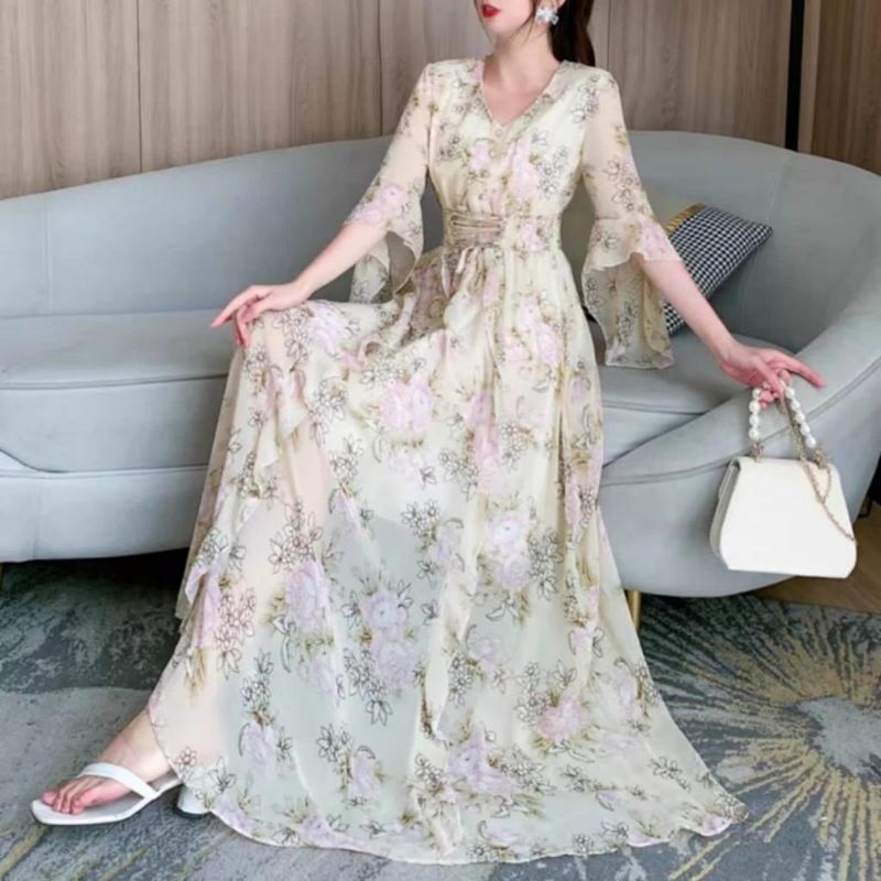 17516 Pakaian baju maxi long dress dres longdress bunga2 cantik elegan keren modern up-to-date bahan