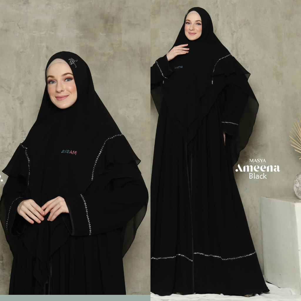 Set Baju Gamis Dress Sifon Hitam Jetblack Black Stripe Mewah Premium Ori Branded Masya Syari Origina