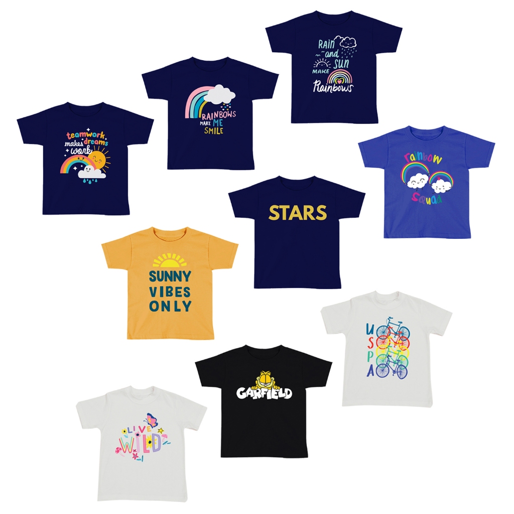 Kaos Anak Lengan Pendek / Kaos Anak Laki Laki &amp; Perempuan 1-10 Tahun / Kaos Distro Anak Star Sunny Vibes Pelangi Rainbow Rain Sepeda Colour Garfil
