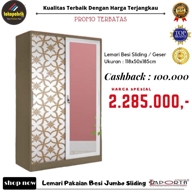 Lemari Pakaian Besi Jumbo Sliding / Lemari Baju Importa Geser Minimalis Murah Bogor Tanngerang Bandu