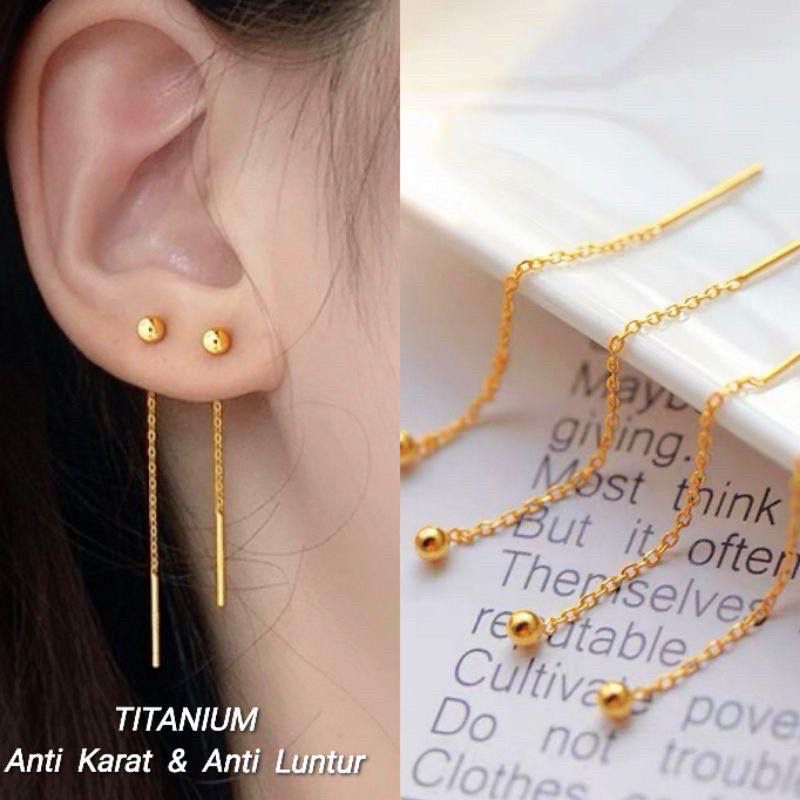 BLAIR & BILL - Anting Tindik Tusuk Juray Titanium Anti Karat Motif Rumbay Panjang Pentol Bola Simpel