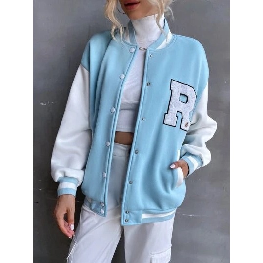 Jaket varsity baseball vintage huruf R Simple Logo Jacket Baseball pria/wanita furing Korean Style O
