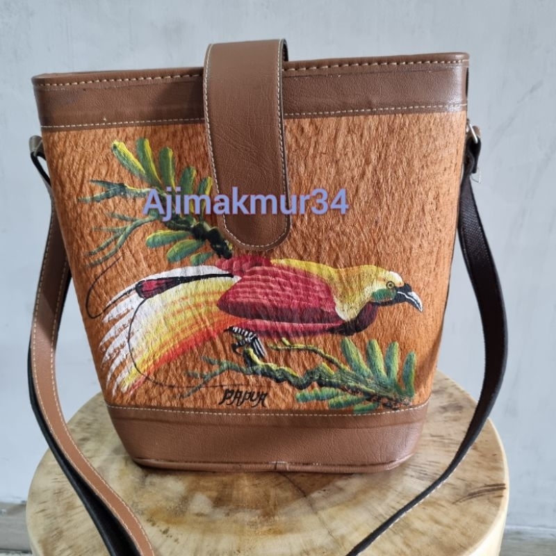 Tas kulit kayu/ Tas wanita selempang/ Tas aesthetic/Tas ember kulit kayu/ Tas lukis/ Tas kulit kayu 