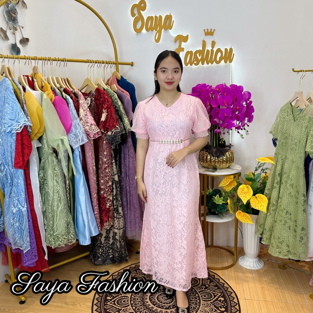 LongDress Brukat Polos Dusty Pink FREE Belt Gaun Maxi Pesta Mewah 20010