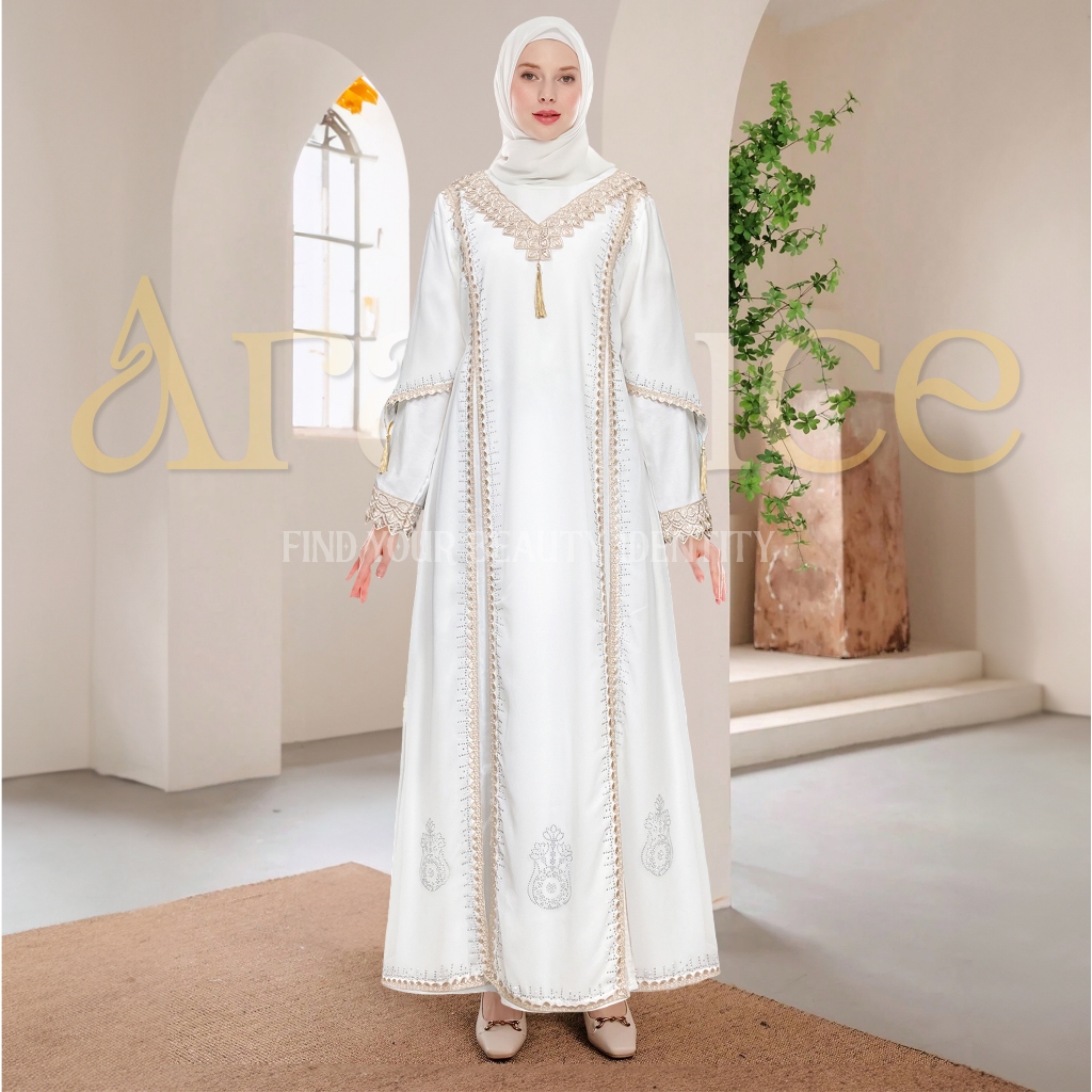 ORIGINAL ARALLUCE BAJU GAMIS PUTIH WANITA KEKINIAN ARL 019 - DRESS ABAYA WARNA PUTIH TERBARU MEWAH