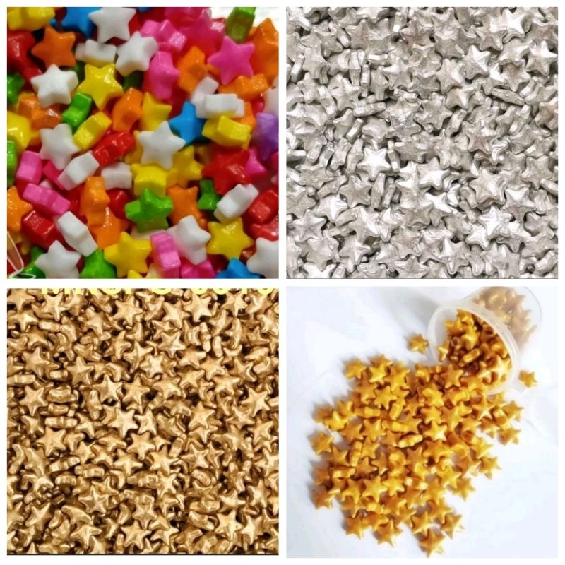 

20gr, 100gr Sprinkle Bintang Emas Gold Perak Silver, Warna Warni, Taburan Bintang untuk Kue, Trimit Bintang