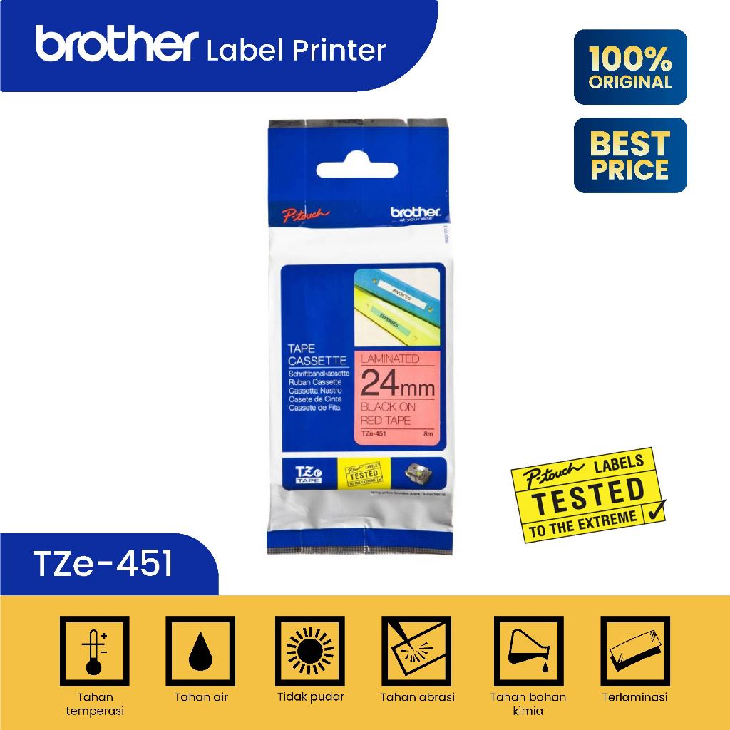 

Brother Label TZe-451 24mmx8m - Black On Red Laminated Tape