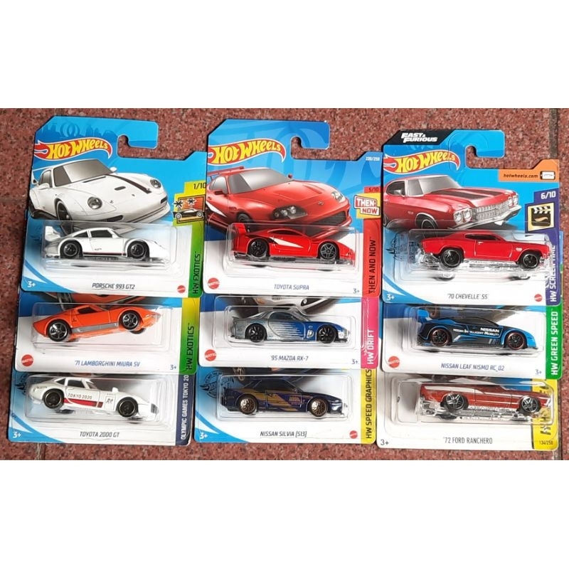 Paket Hot Wheels Short Card Toyota Supra, Nissan Silvia S13, RX 7, Porsche 993 GT2, Lamborghini Miur