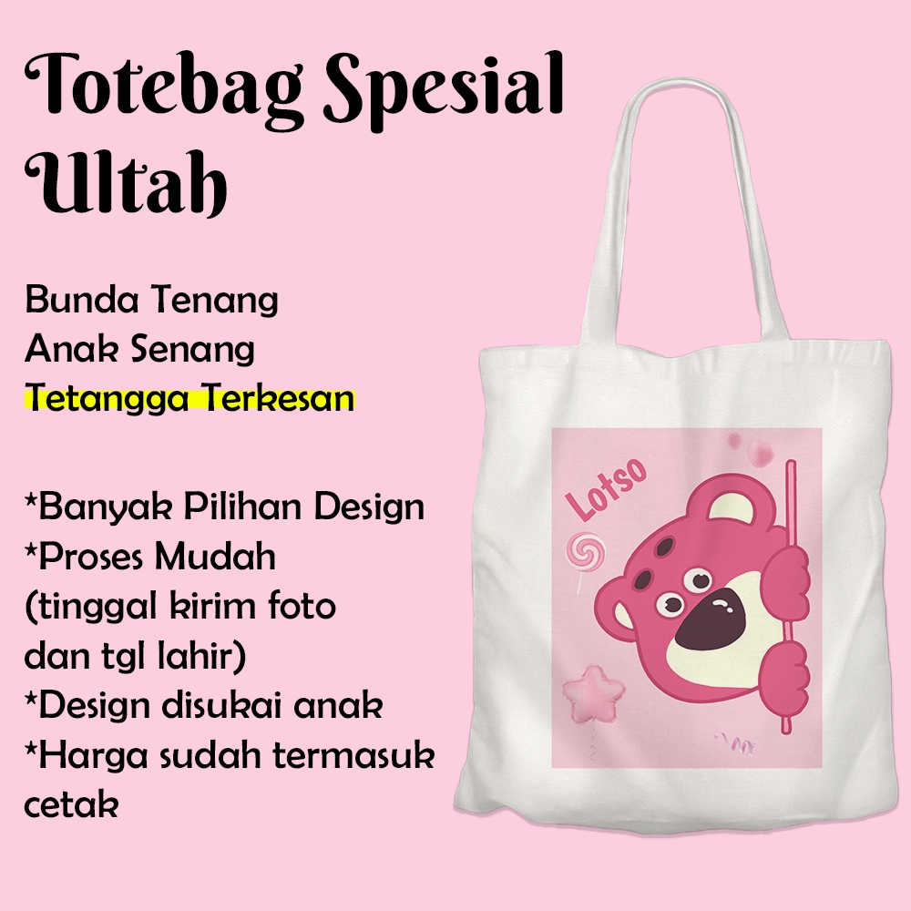 Tas Souvenir Ultah Tote bag Ulang Tahun Perempuan Anak Custom Termurah Gambar Lotso