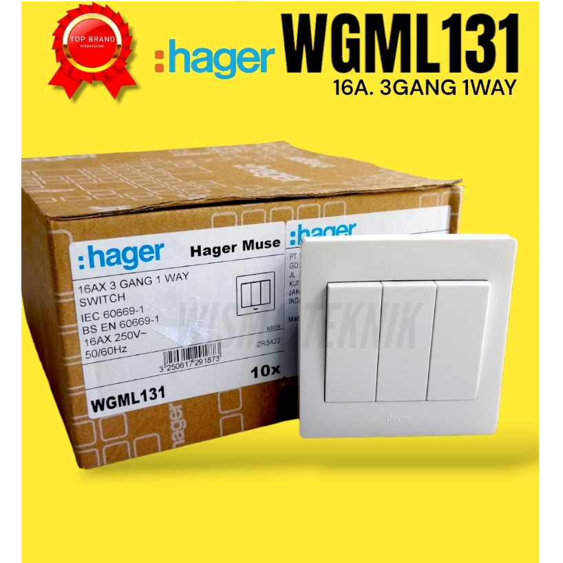 Saklar listrik 3 gang 1 way WGML131 Hager
