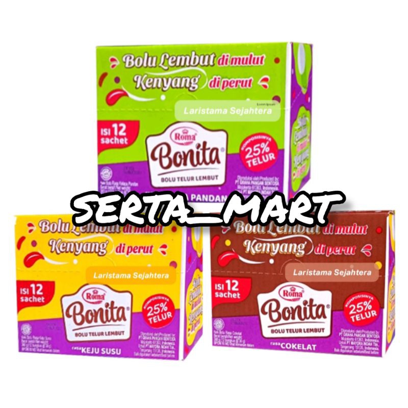 

Roma Bonita - Bolu Telur Lembut Box 12's x 30gr - Bolu Keju Susu / Kelapa Pandan / Cokelat