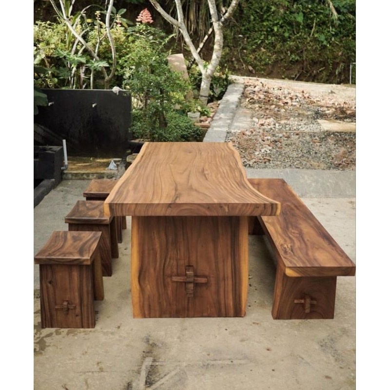 SET MEJA MAKAN ALAMI KAYU TREMBESI SOLID 1BANGKU PANJANG 3STOOL