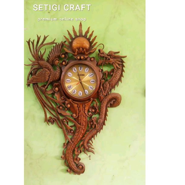 Premium Hiasan Dinding Jam Dinding Ukiran Naga Merak Jati