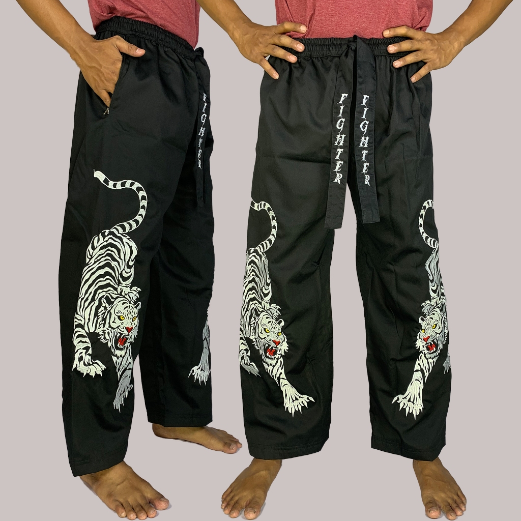 Celana Komprang Bordir Harimau Macan Putih bahan Dril tebal dan nyaman bisa untuk Pangsi Silat Capoe