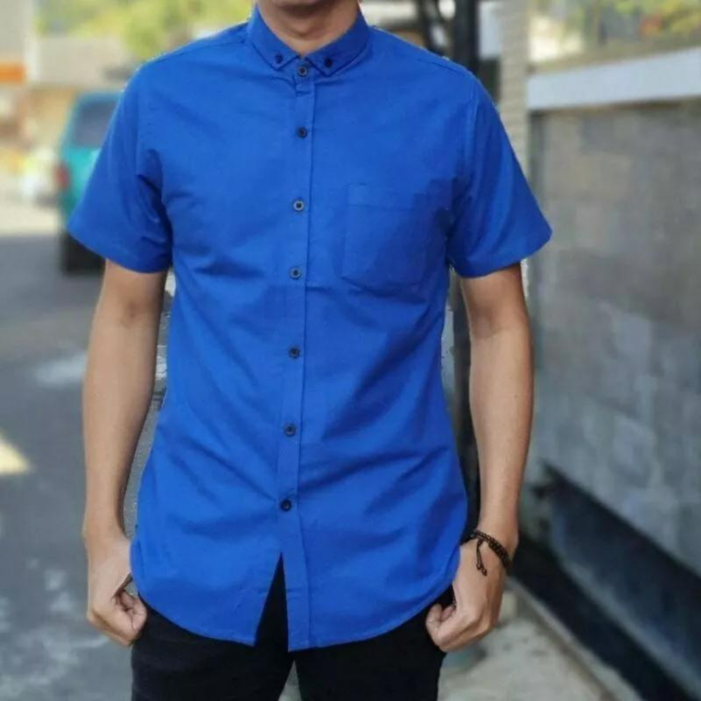 Kemeja biru elektrik bca polos lengan pendek bahan katun slimfit hem pria polos warna biru jumbo pak