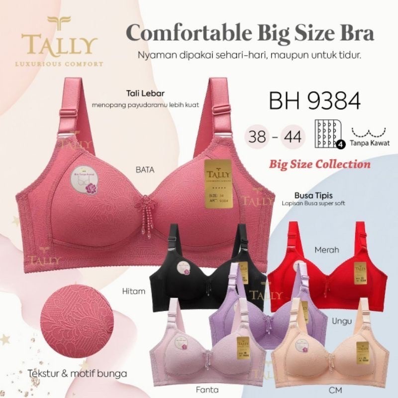 Bra Tally 9384 Bra Jumbo Tanpa Busa Tanpa Kawat Cup D Kait 4 Big Size Full Cup Adem