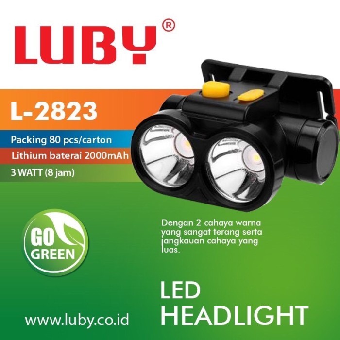Luby L2823 Senter Kepala 2Mata 2000mAh Cahaya Putih Kuning Dalam Satu Senter Tahan 8Jam 3Watt LED