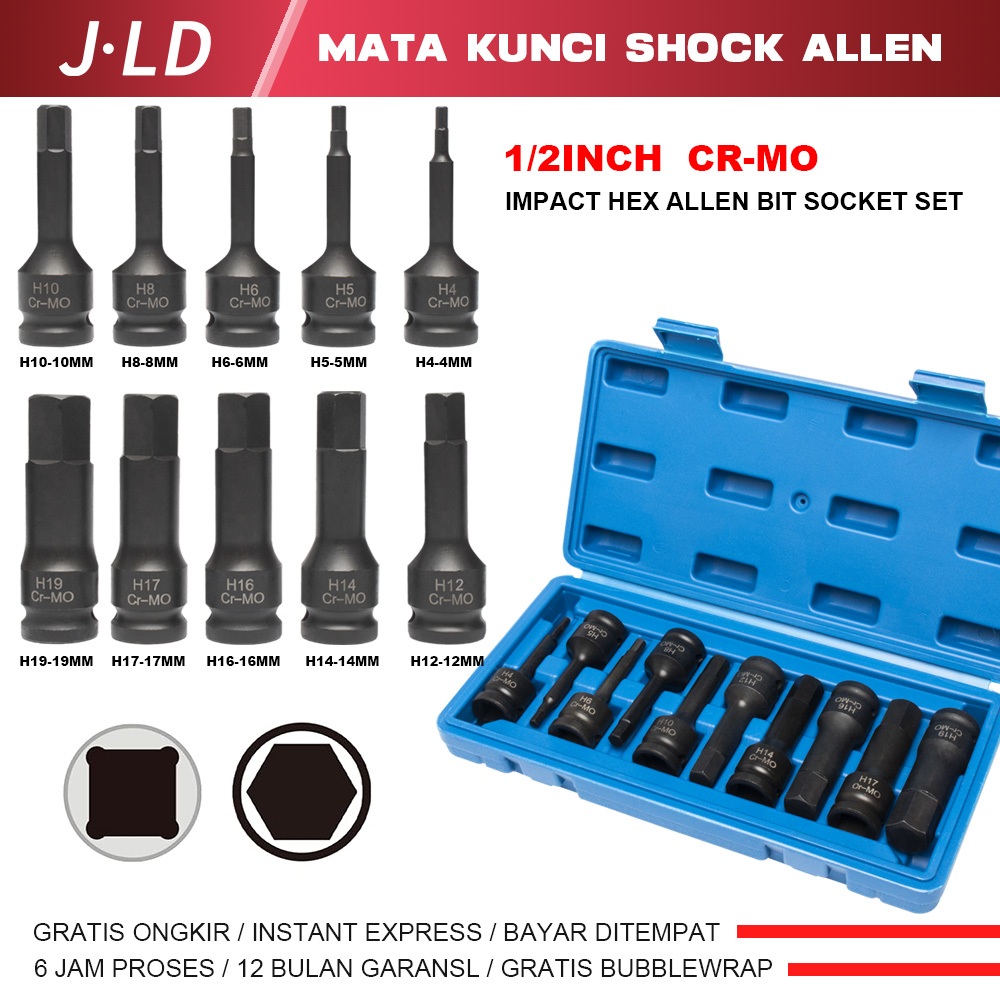 JLD 10PCS Impact Bits Socket 1/2" Drive Master Impact Hex Bit Set H4-H19 Impact Bits Socket Cr-Mo St