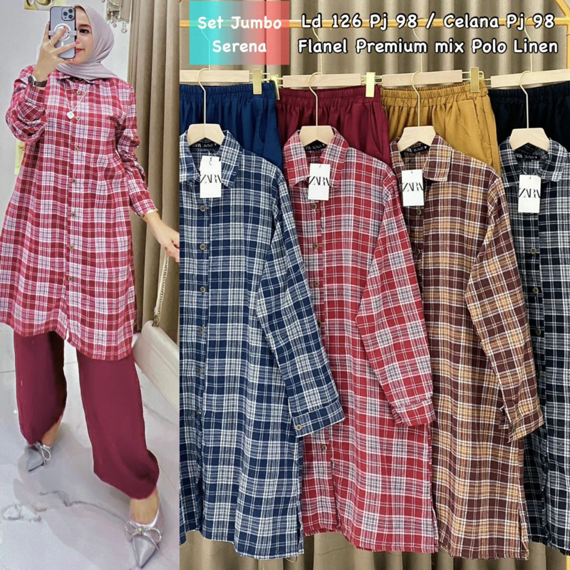 Zara serena//One set Zara//Set Tunik//Long Tunik//Tunik flannel//One set//Setelan Tunik//Set Tunik