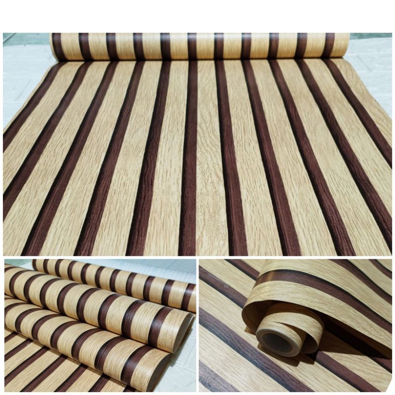 Wallpaper Sticker Dinding Kayu Garis Coklat Tua Dekorasi Dinding Ruang Tamu Jendela Minimalis