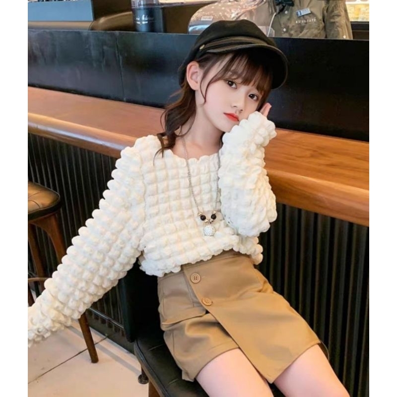 Set setelan anak perempuan import waffle blouse rok celana kulit 5-7 Tahun