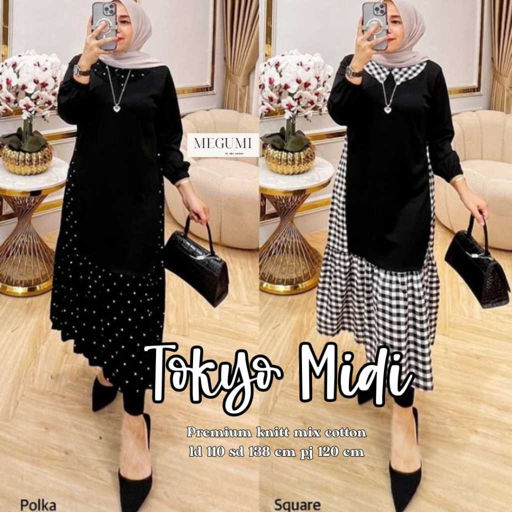 Long Tunik Midi Dress Jumbo Bahan Kaos Knit Premium Motif Hitam Putih Tokyo