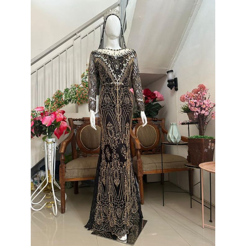 Gaun slim duyung hitam payet gold centily mewah