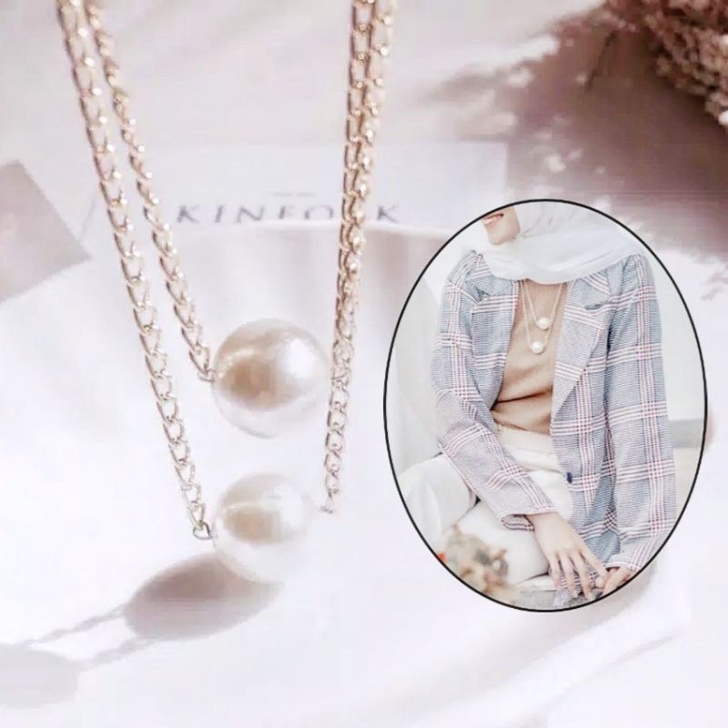 Kalung Korea Panjang Double Layer Mutiara Besar Jumbo Susun Kalung Hijab Multilayer Pearl Korean Nec