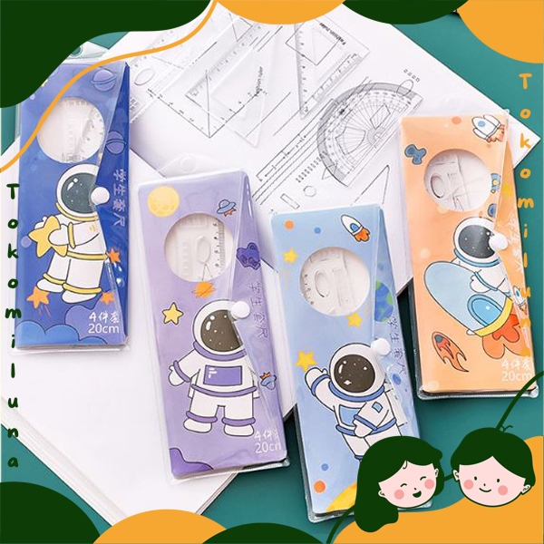 

1 set 4 pcs penggaris geometri matematika anak sekolah busur pengaris siku penggaris panjang 20 cm HB1468
