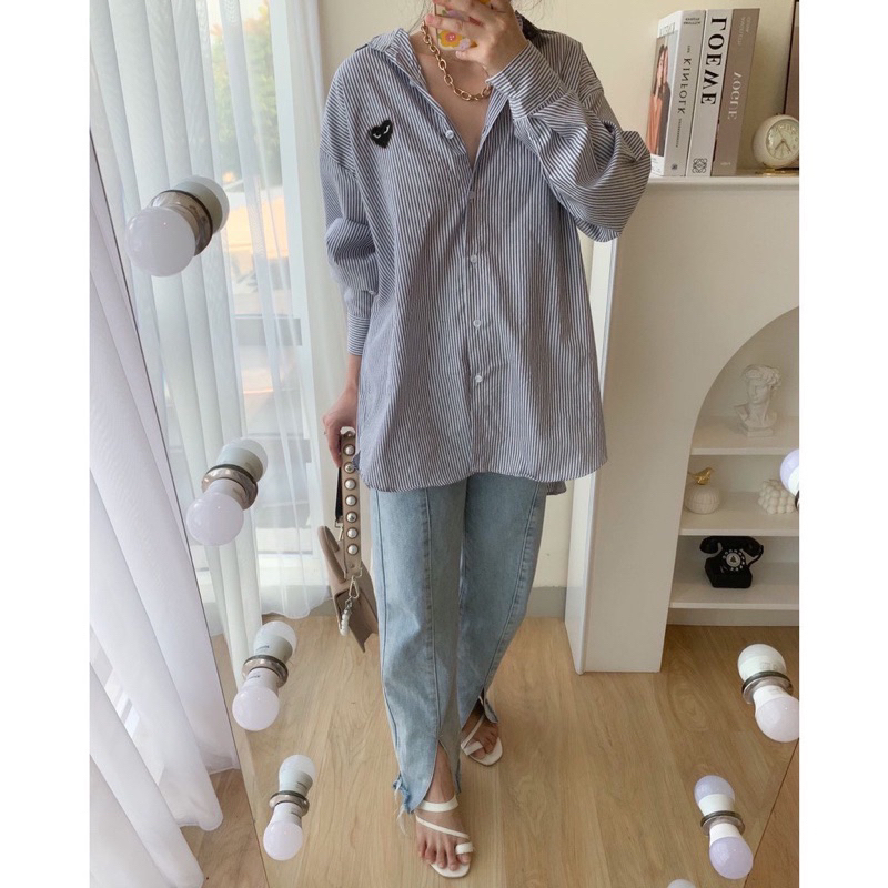 kemeja oversize salur / kemeja wanita LD 120 / kemeja salur jumbo