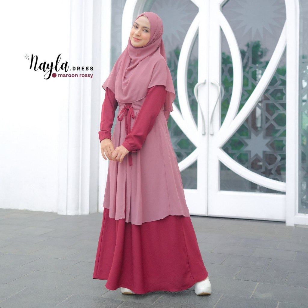 Riskirich Nayla Gamis Remaja Dewasa Muslimah 2 in 1 Style Kombinasi Outer Dijahit Menyatu Terbaru