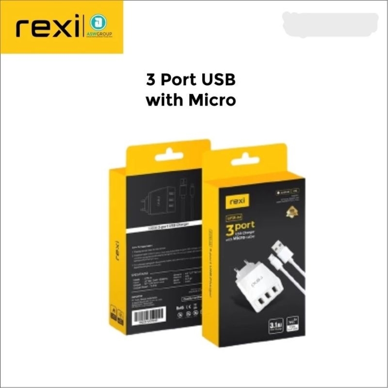 REXI USB CHARGER 3 PORT CF31-M CHARGER 3.1A 3 LOBANG-PORT WITH MICRO CABLE PREMIUM QUALITY