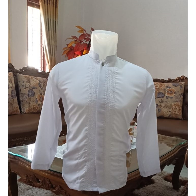 Baju Koko Putih Tanggung Lengan Panjang Anak Laki-Laki Motif Salur Bordir Senada | Baju Putih Koko S