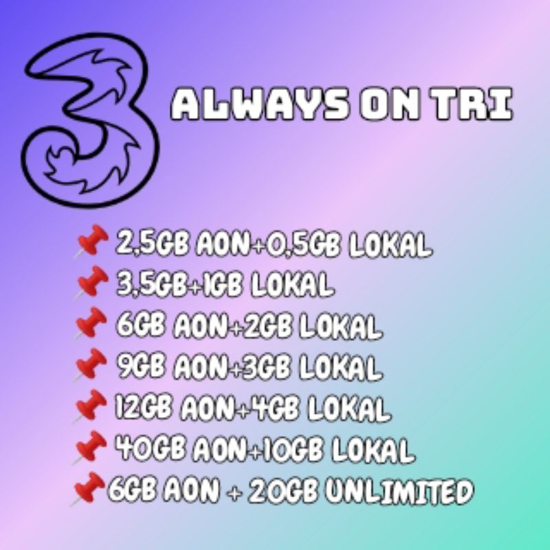 Isi ulang paket data Three kuota tri paket kuota three AON unlimited Paket three Unlimited