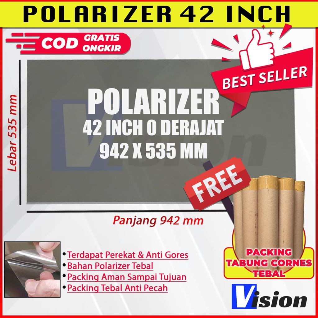 POLARIZER LCD LED 42 INCH 0 DERAJAT BAGIAN LUAR POLARIS LCD 42INC 42" POLARIZED LAPISAN LCD LED KACA