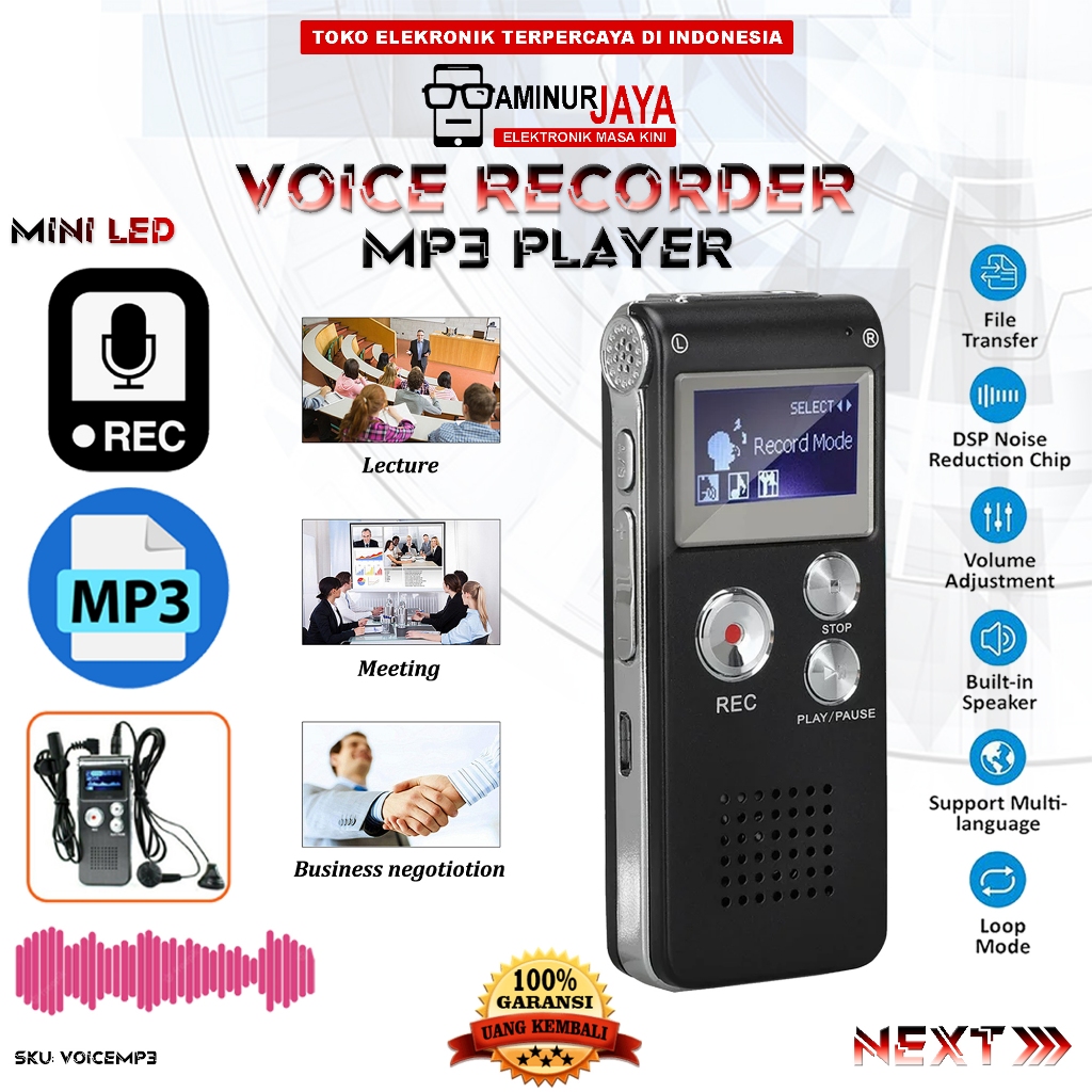 USB Digital Audio Voice Recorder 8GB MP3 Player Alat Perekam Suara Musik Voice Recording Mini Tersem
