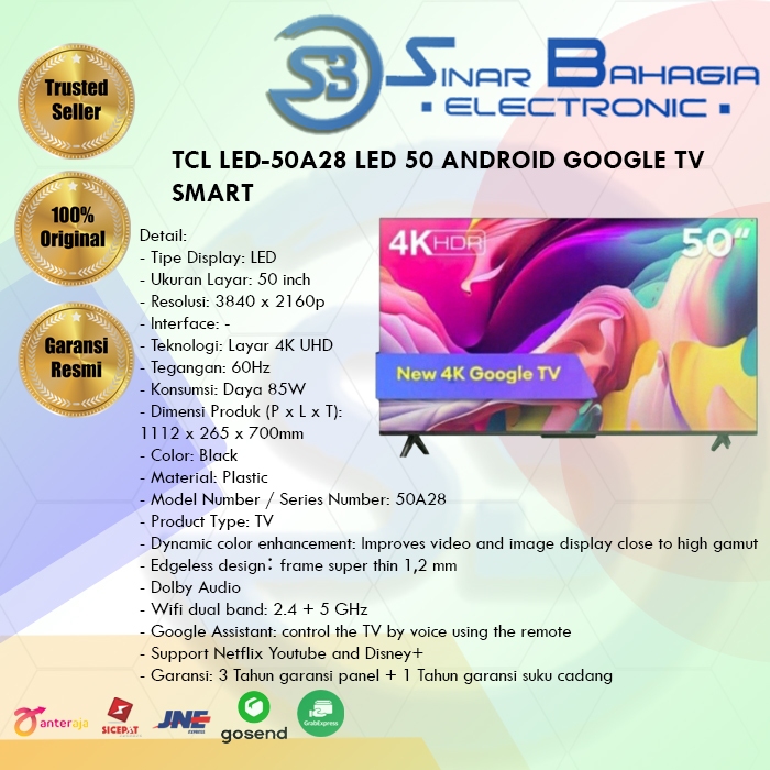 TCL LED-50A28 LED 50 ANDROID GOOGLE TV SMART (NEW) (KHUSUS BANDUNG)