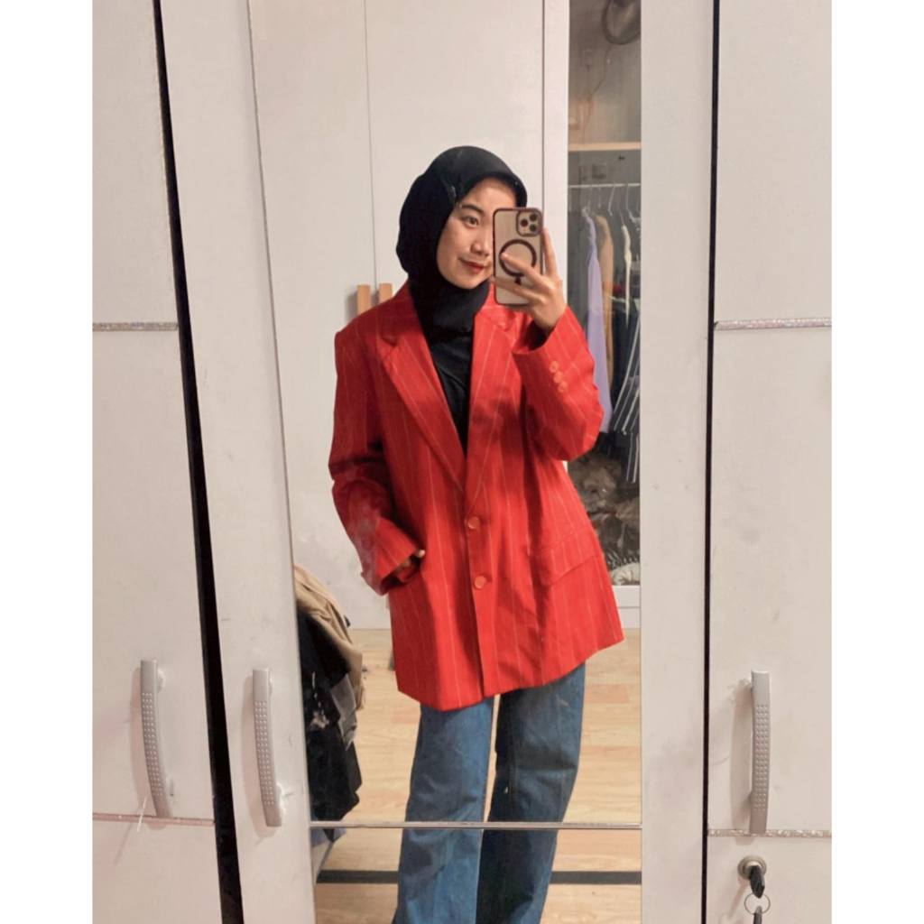 [PL] BLAZER WANITA WARNA MERAH MOTIF GARIS