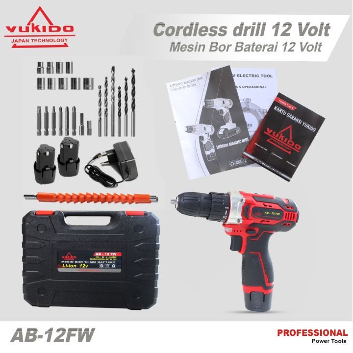 NEW PROMO YUKIDO Red 12V 36V Mesin Bor Cordless bor listrik 2 baterai set - 12V 1Baterai BOR TAMPA K