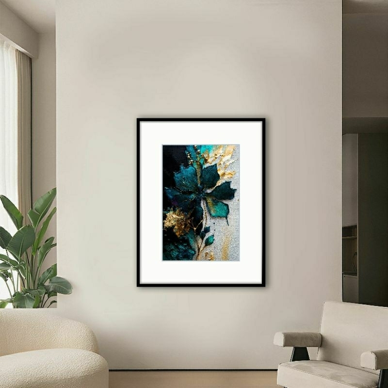 Poster Blok + Frame Aesthetic Abstrak GoldGreen Lukisan Cetak 70x50cm