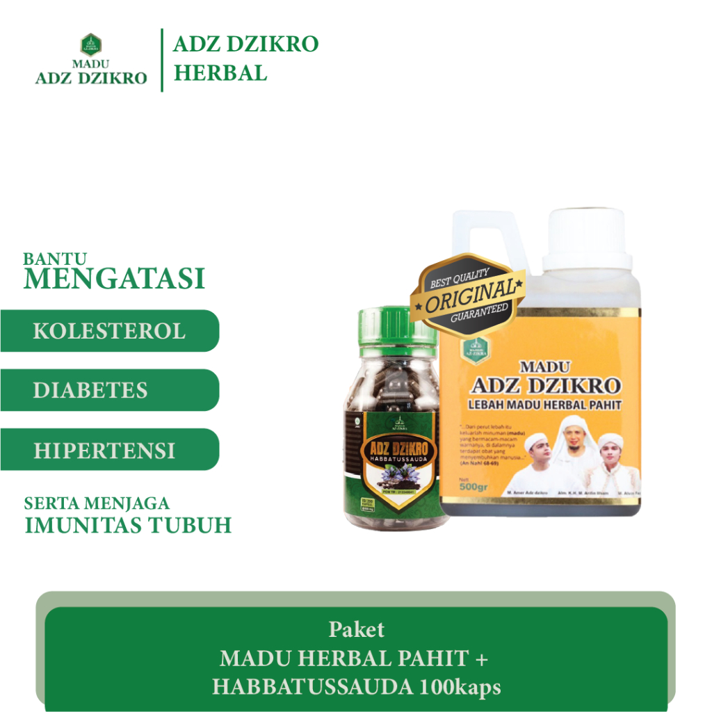 

Paket Sehat2 - Madu Herbal Pahit plus Habbatussauda 100 kapsul ADZ DZIKRO
