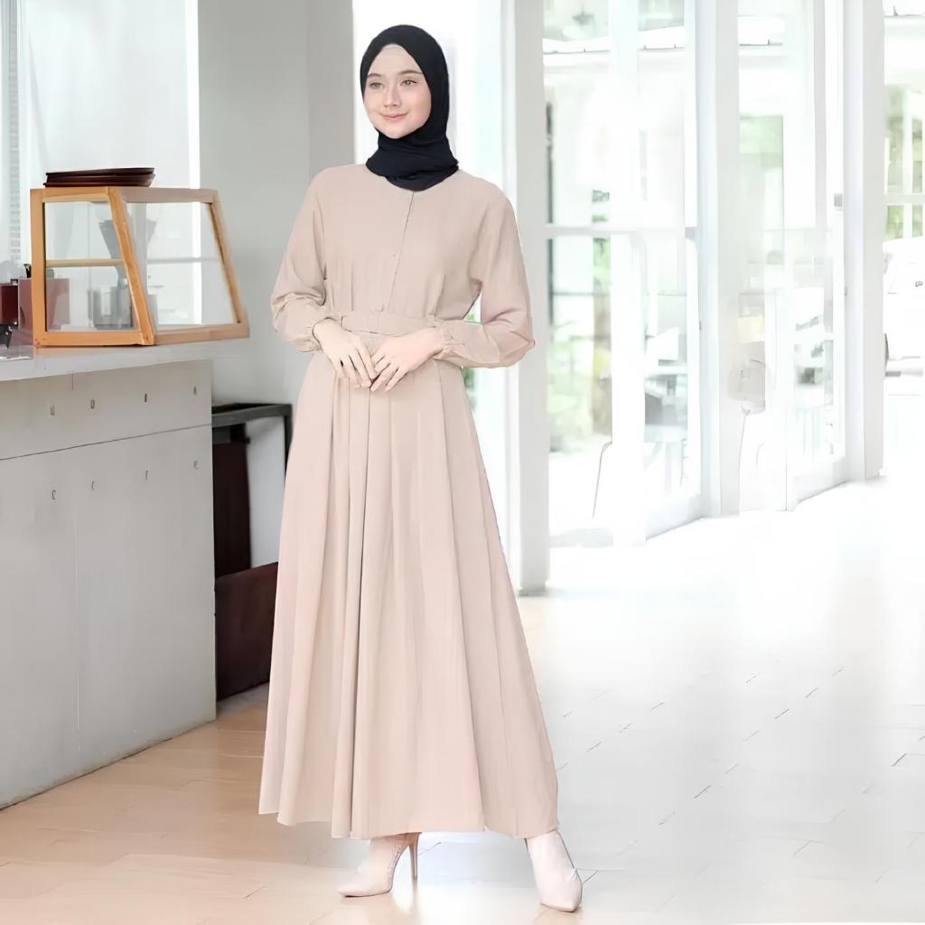 Gamis Hitam Polos Free Belt Dress Remaja Kekinian Maxi Busui Syar'i Daily-Mocca